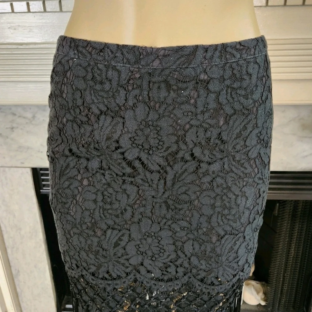 Black Lace Pencil Skirt Fringe Gothic Boho Office Siren Vamp Size Small - Picture 5 of 5